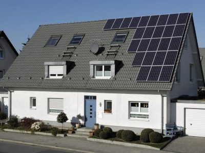 Solar panels on the roof of a family house.